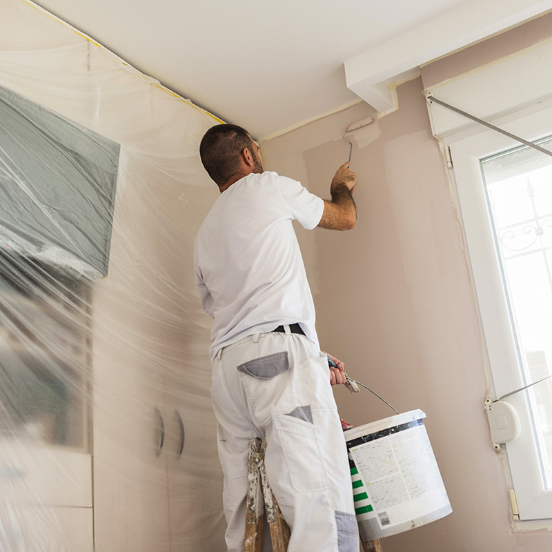Two men redecorating the room together, painting the ceiling